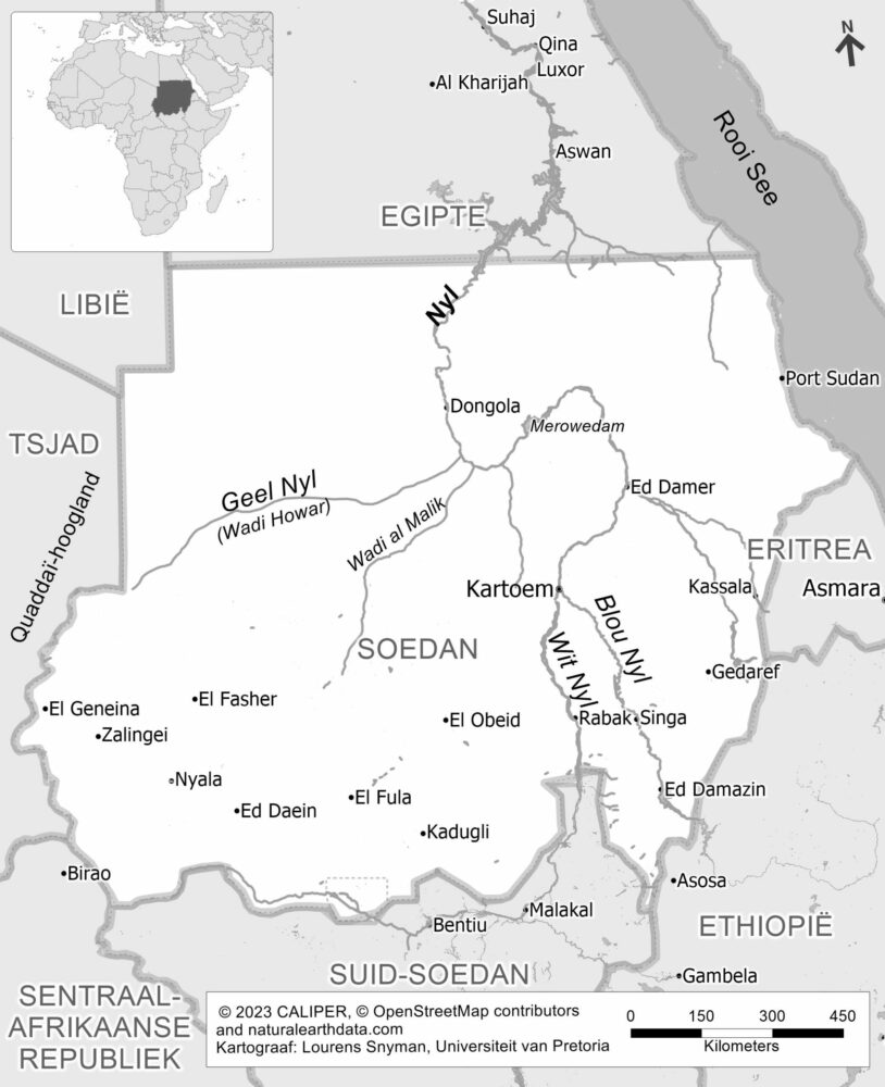 Afb 5 – Een kaart van de oorspronkelijke loop van een verdwenen rivier, de Gele Nijl (cartograaf Lourens Snyman, Departement Geografie, Universiteit van Pretoria)